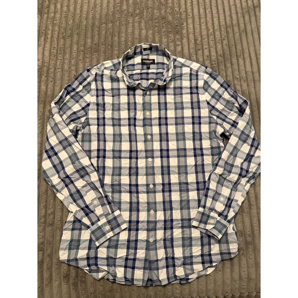 Express Performance Slim Fit Shirt Mens Large Blue Plaid Long Sleeve Button Down